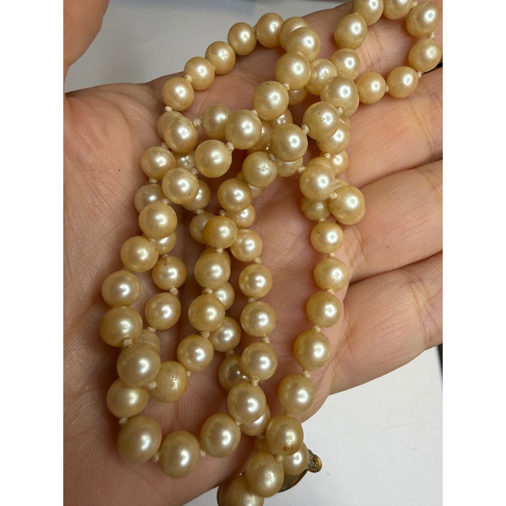 Vintage Japan Faux Pearl Necklace Hand Knotted Gold Tone Filigree Clasp 17 Inch